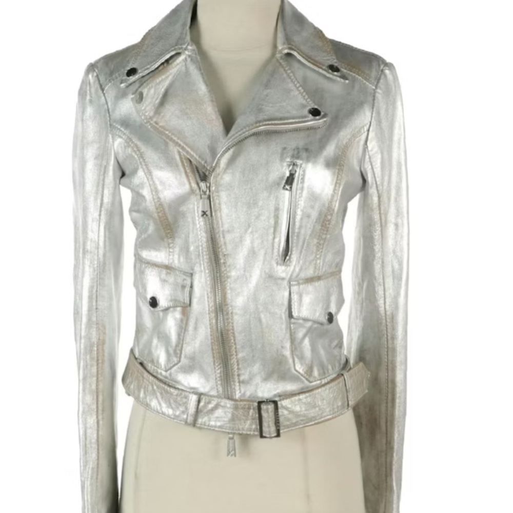 JOHN RICHMOND RICHMOND X Leather Metallic Cropped Moto Jacket SZ 42